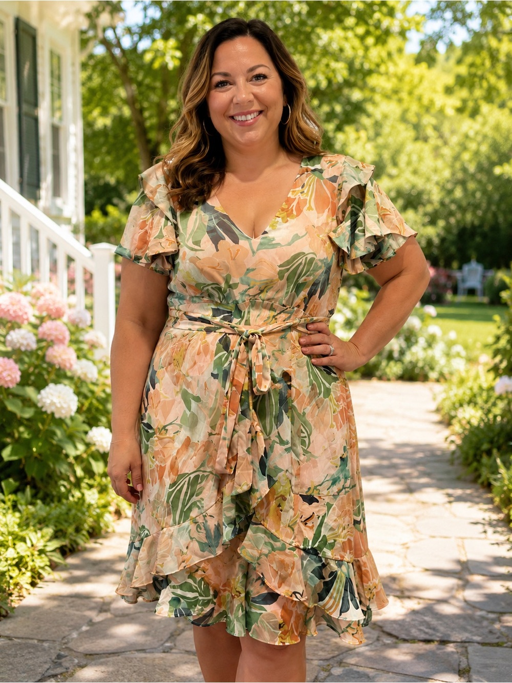 City Chic Floral Wrap Midi Dress - Peach & Green